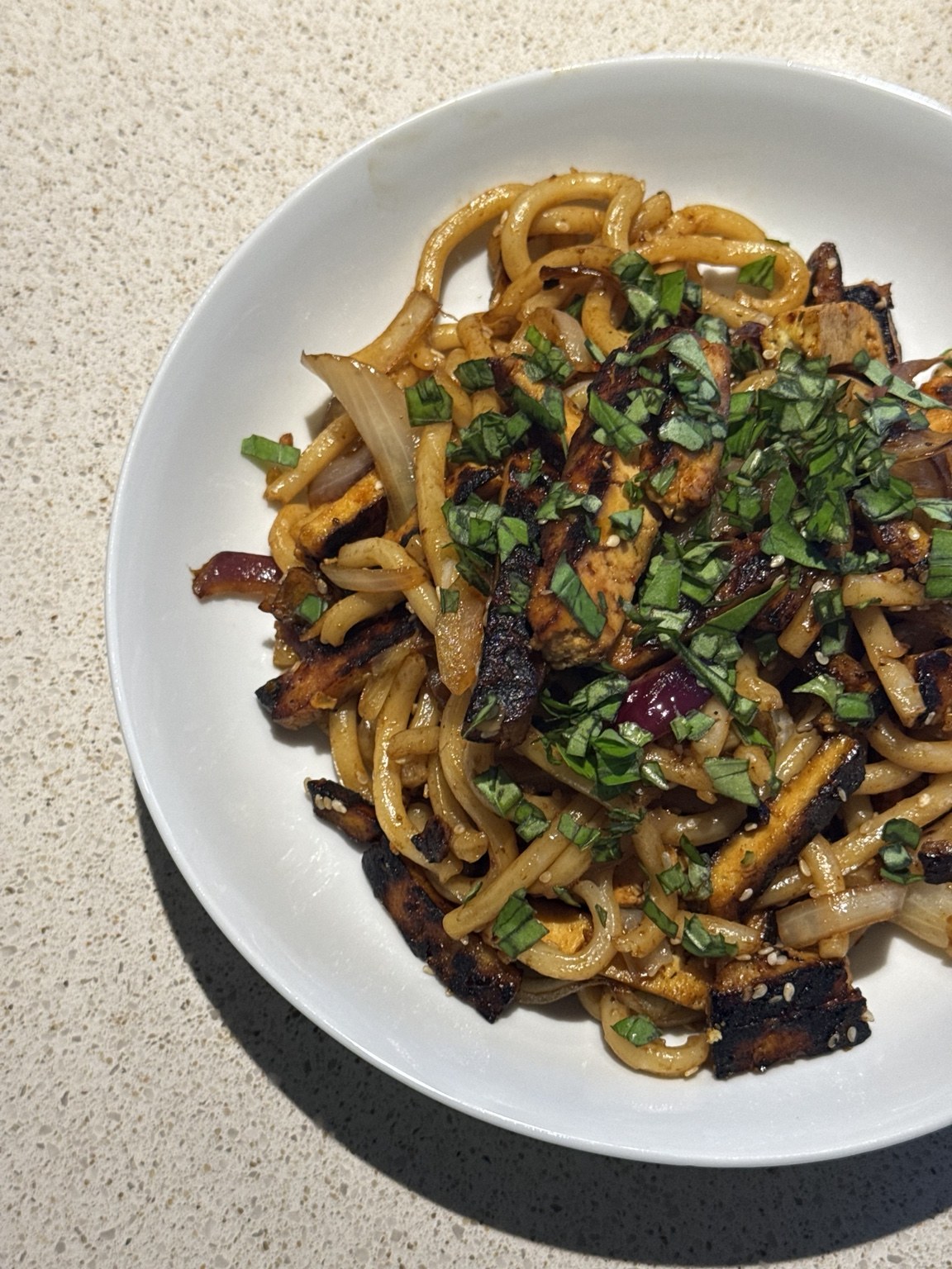 Charred Tofu Udon with Basil