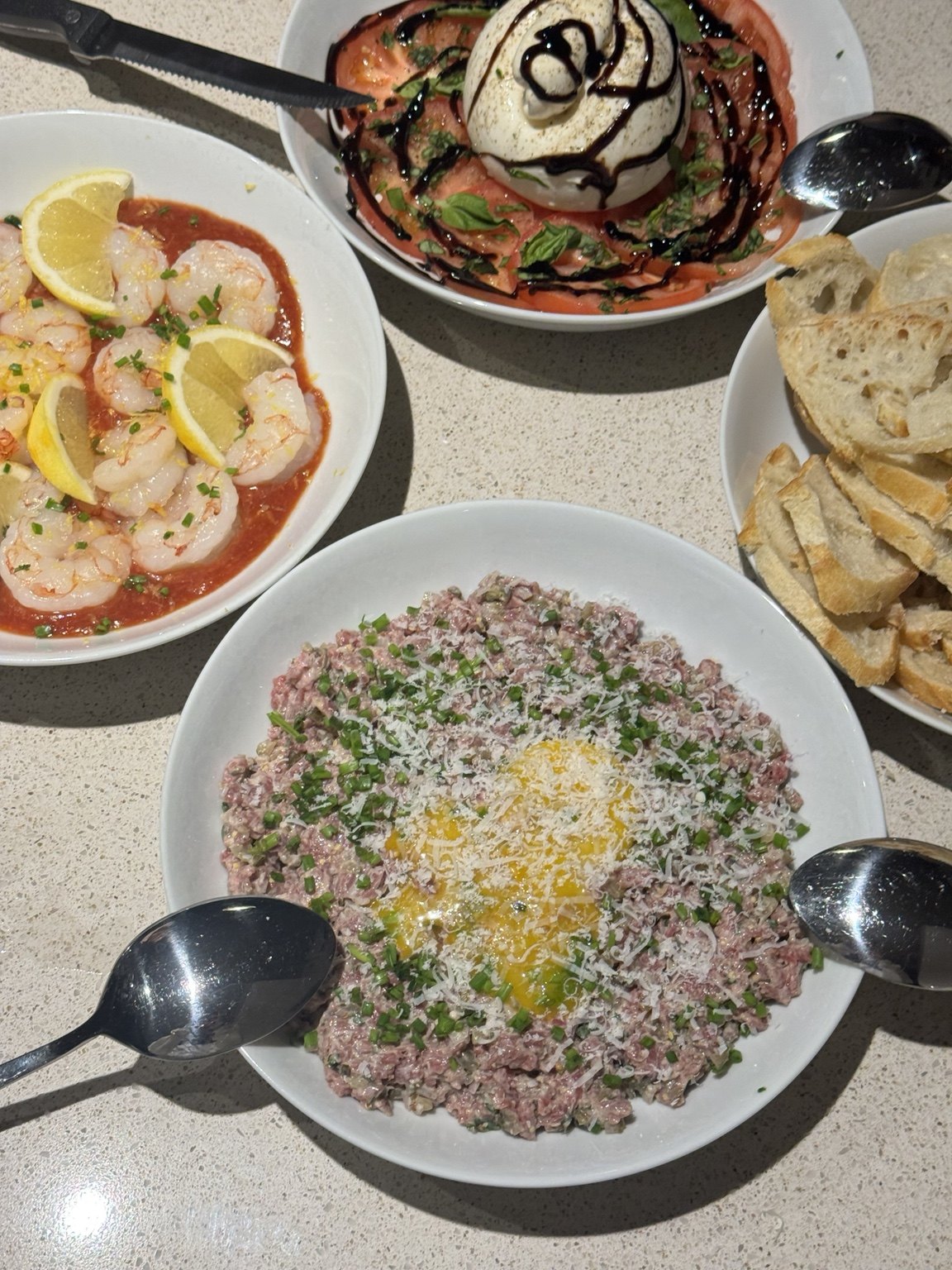 Steak Tartare, Burrata & Shrimp Table