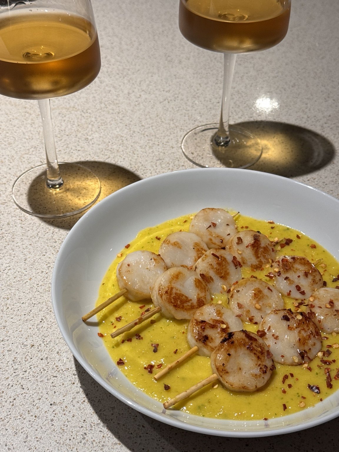Scallop Skewers with Saffron Cream
