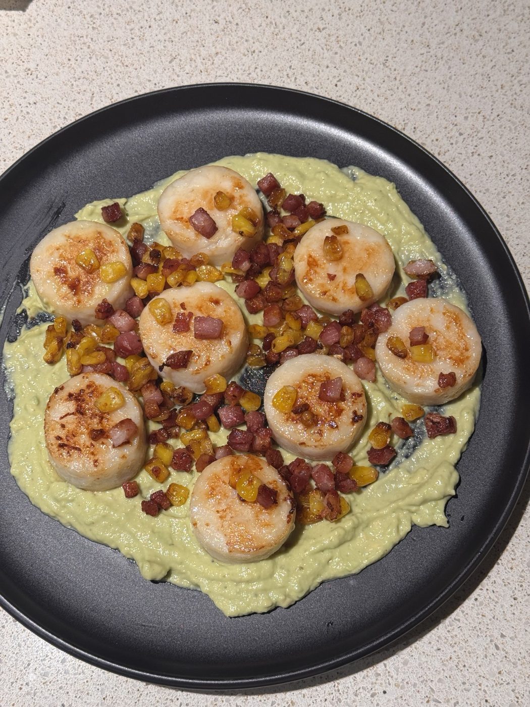 Scallops with Avocado, Corn & Pancetta